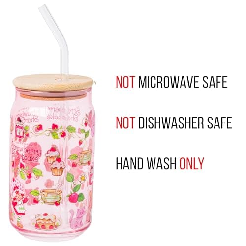 Silver Buffalo Strawberry Shortcake Berry Print Glass Tumbler with Bamboo Lid and Glass Straw Featuring Strawberry Shortcake and Custard, 16 Ounces thumbnail 3