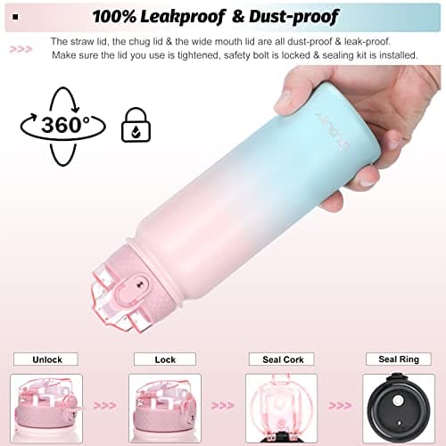 Oldley Insulated Water Bottle with Straw 20oz Stainless Steel Water Bottles with 3 lids Double-Wall Vacuum Thermal for Kids Adults School Sports, Pink-Blue thumbnail 5