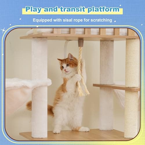 Hey-brother Wooden Cat Tree, 69.7 inch CatsFI urniture Tower with Large Platforms, Hammocks, Spacious Condo, Full Sisal Scratching Posts, Ladder, Brush, Water Proof Surface, White Oak MPJ121BT thumbnail 4