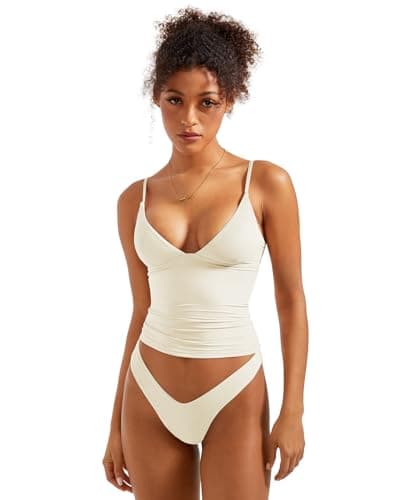 SUUKSESS Women Sexy Deep V Neck Sleeveless Fitted Basic Tops Y2K Going Out Crop Tank Top Camisole (Ivory Cream White,M) thumbnail 3