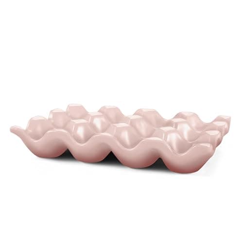 Flexzion Ceramic 12 Cups Egg Tray - Whole Dozen Porcelain Egg Holder Container Keeper Storage Organizer Decorative Serving Stand Serveware for Refrigerator Fridge Countertop Display Kitchen (Pink) thumbnail 4