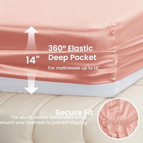 Love's cabin Satin Queen Sheets Set - 4 Piece Coral Silky Bed Sheets with Deep Pocket, Luxury Silk Feel Satin Queen Size Sheet Set (1 Flat Sheet,1 Fitted Sheet,2 Pillow Cases) thumbnail 4
