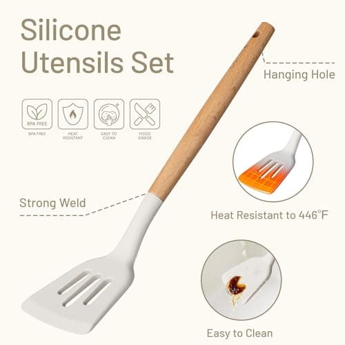 CAROTE Silicone Cooking Utensils Set, Kitchen Utensils Set 10 Pcs for cooking, BPA Free Spatula Set with Heat Resistant Wood Handles for Nonstick Cookware (Cream White) thumbnail 3