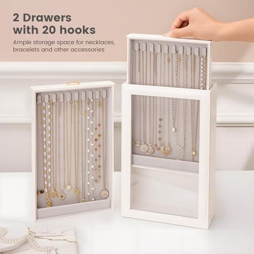 Lolalet Necklace Organizer Box, Jewelry Storage Box with Clear Window for Necklaces Bracelets, Tangle-Free Necklace Display Case for Women Girls, White, 2 Layers 20 Hooks thumbnail 2