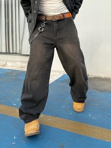 DFGIGT Men's Baggy Hip Hop Jeans Wide Leg Skater Denim Pants Casual Loose Fit Long Trousers Streetwear Jinco Oversized Relaxed Y2k 2000s Extreme Motion Skateboard,A10 Black,Medium thumbnail 2