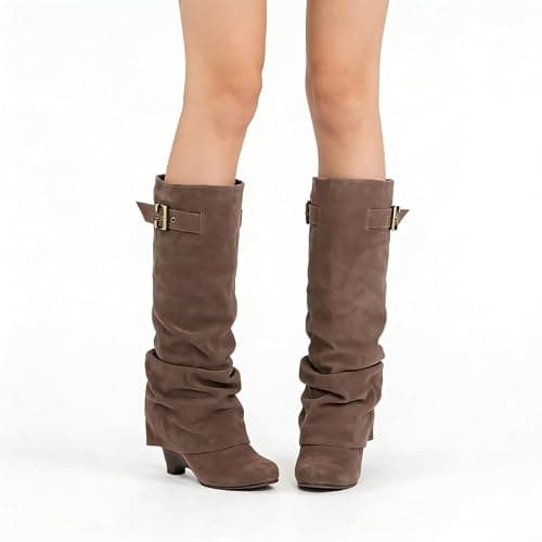 onlymakerheels Slouchy Wedge Suede Boots Fold Over Knee High Pull On High Heels thumbnail 2