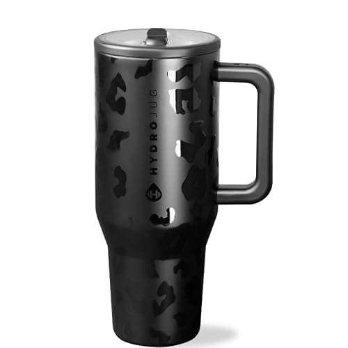 HydroJug Traveler - 32 oz Water Bottle with Handle & Flip Straw - Fits in Cup Holder, Leak Resistant Tumbler-Reusable Insulated Stainless Steel & Rubber Base - Gifts for Women & Men, Black Leopard - Image 1
