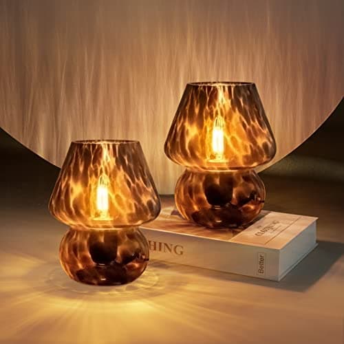 ONEWISH Mushroom Lamp Small Vintage Table Lamp for Bedroom Set of 2, Nightstand Bedside Lamp Translucent Glass Dimmable, Murano Aesthetic Home Decor for Living Room Kitchen Dorm Gift(Black) - black-2packs - Image 1