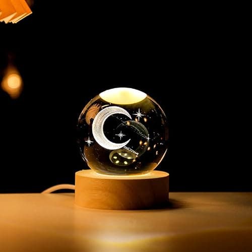 TINGMEIBESTLY 3D Cross Crystal Ball with Wooden Light Base,80MM Glass Ball Night Lamp,Decorations Gifts for Family Members and freinds (Moon) thumbnail 2
