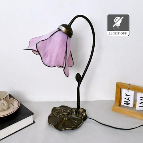 VirtueKing Tiffany Table Lamp Pink Lotus Stained Glass Lamp 8" Wide 14" Tall Bedside Table Light Desk Lamps Vintage Reading Lamp with Color Changing LED Bulb thumbnail 3