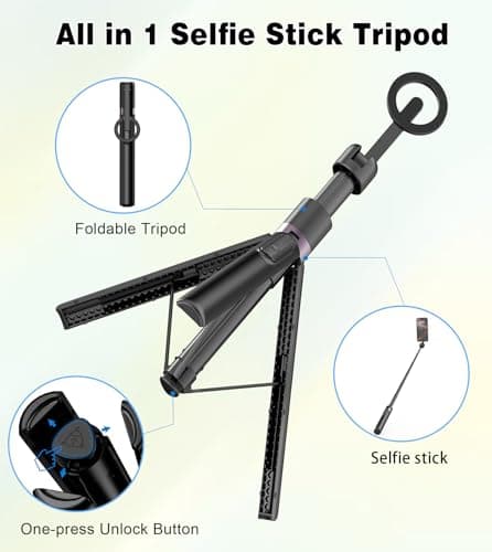 TONEOF 68" Magnetic Selfie Stick Tripod with Aluminum Strong Magnetic Holder for Magsafe, 360° Rotatable Travel Phone Tripod Stand with Metal Ring & Rechargeable Remote for iPhone/Android（Black） thumbnail 8