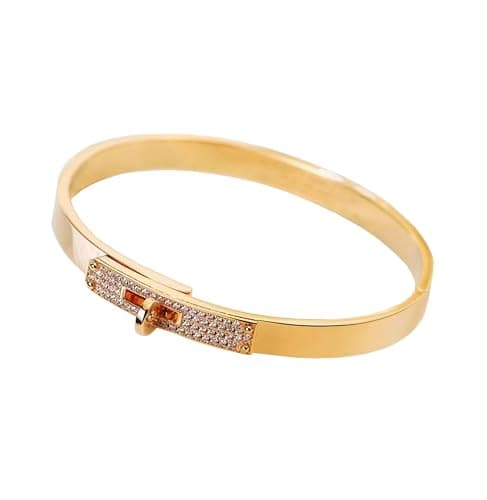 FOMCORT 18K Gold Plated Turn Lock Bracelet with Cubic Zirconia，Classical Fashion Stainless Steel Bangle Bracelet for Men and Womens - Gold thumbnail 3