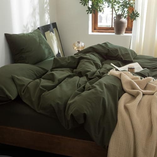 FOSSA Duvet Cover Set 100% Washed Cotton Linen Feel Super Soft Breathable Cozy 3 Pieces Bedding Sets Solid Olive Green Full/Double thumbnail 3
