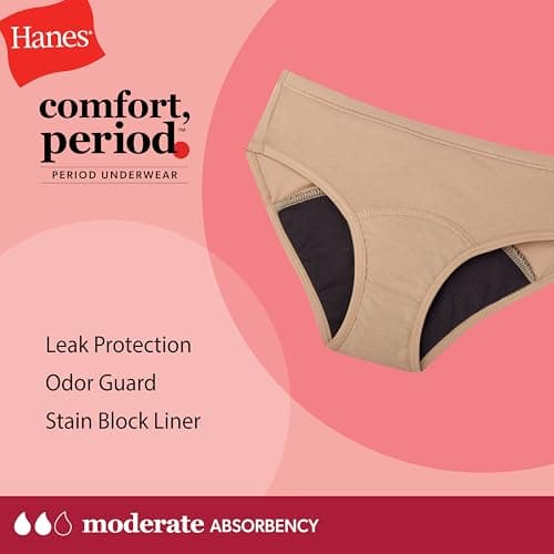 Hanes Girls' Hipster Period Underwear, Comfort, Period. Panties, Moderate Protection, 6-Pack thumbnail 3