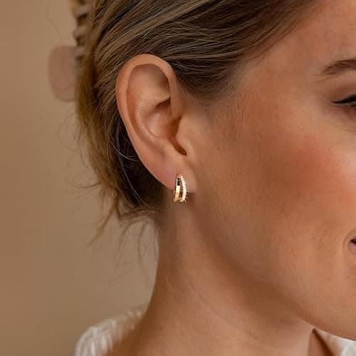 Gold Hoop Earrings Set for Women, 14K Gold Plated Small Double Hoop Earrings Set for Multiple Piercing, Dainty Huggie Earring for Women thumbnail 9