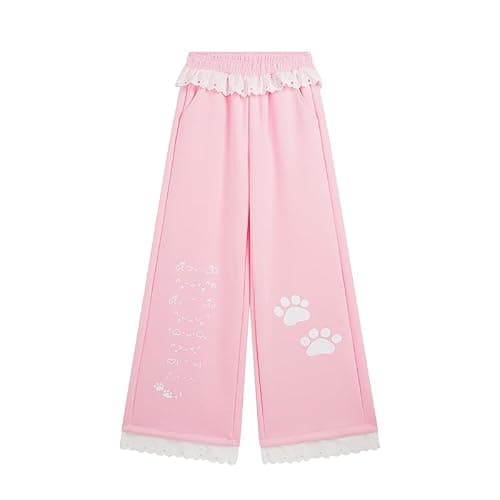 Womens Y2K Kawaii Lace Sweatpants Elastic Drawstring Loose Fit Casual Cat Graphic Cute Straight Leg Pants - Image 1