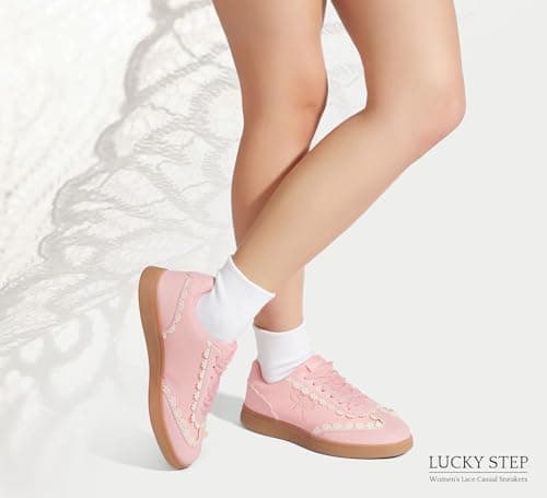 LUCKY STEP Women’s Lace Detail Casual Sneakers Organza Ribbon Lace-Up Fashion Vintage Gum Sole Trendy Cute Shoes(Pink,8) thumbnail 3