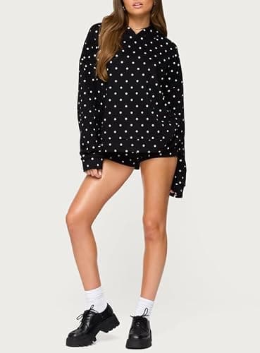 Morlaeley Women Polka Dot Hoodie Shorts Set Long Sleeve Oversized 2 Piece Sweat Set Casual Y2k Sweatshirt Matching Sets thumbnail 4