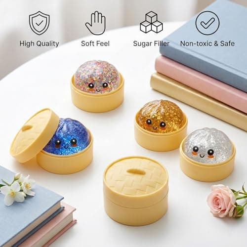 4 Pack Glitter Squishy Toys Dumpling Mystery Box Set — Slow Rising Kawaii Dumpling Stress Balls with Steamer Box, Cute Fidget Sensory Toys for Kids & Adults thumbnail 3