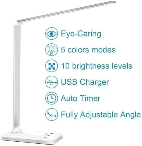 White crown LED Desk Lamp Dimmable Table Lamp Reading Lamp with USB Charging Port, 5 Lighting Modes, Sensitive Control, 30/60 Minutes Timer (White, First-Generation) - Silver - first-generation thumbnail 10