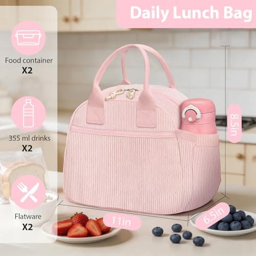 CetyVoyie Insulated Lunch Bag for Women, Reusable Lunch Box Cute Corduroy Lunch Tote Large Capacity Cooler Bags for Work Picnic(PP Pink) thumbnail 7