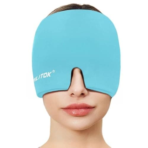 EXQUISLIFE Migraine Headache Relief Cap, Gel Ice Head Wrap, Hot and Cold Therapy, Headache Eyes Mask for Sinus, Puffy Eyes, Tension and Stress Relief (Blue) - Image 1