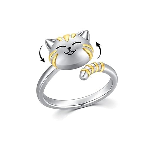Cute Cat Pet Anxiety Relieve Spinner Rings Kitten Animal Fidget Open Adjustable Ring Sterling Silver Plated Worry Stress Relieving Boredom ADHD Autism Jewelry Stacking Finger Promise Engagement Gift - Image 1
