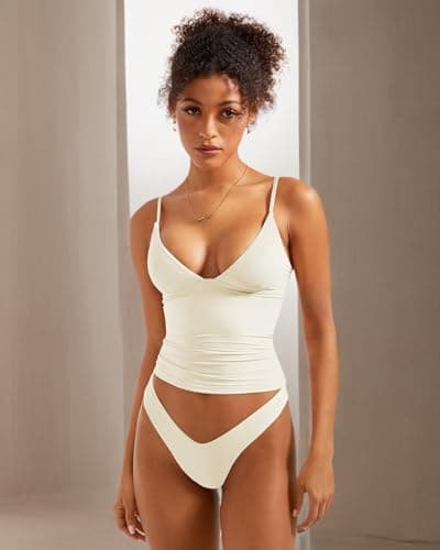 SUUKSESS Women Sexy Deep V Neck Sleeveless Fitted Basic Tops Y2K Going Out Crop Tank Top Camisole (Ivory Cream White,M) thumbnail 8