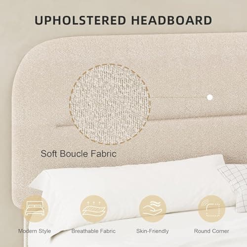 HOMBCK Bed Frame Queen Size, Boucle Upholstered Platform Queen Bed Frame with Headboard, Soft Headboard with Rounded Corners Design, Wood Slats, No Box Spring Required, Easy Assembly, Beige thumbnail 3