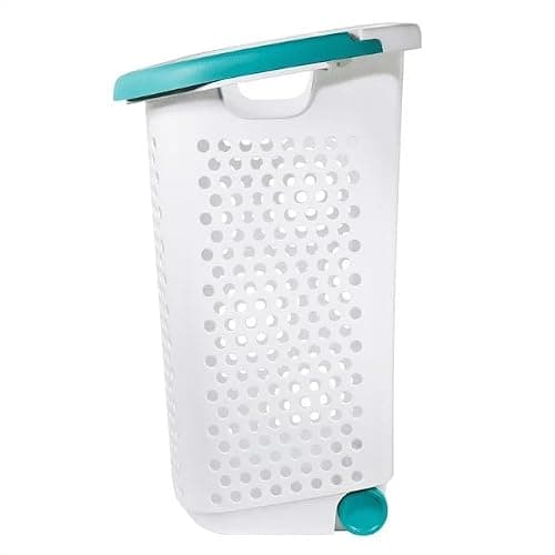 pomiler Plastic Rolling Laundry Basket Hamper Portable 2 Bushel Laundry with Pop-up Handle for Clothes, Bedroom, and Storage, White - Image 1