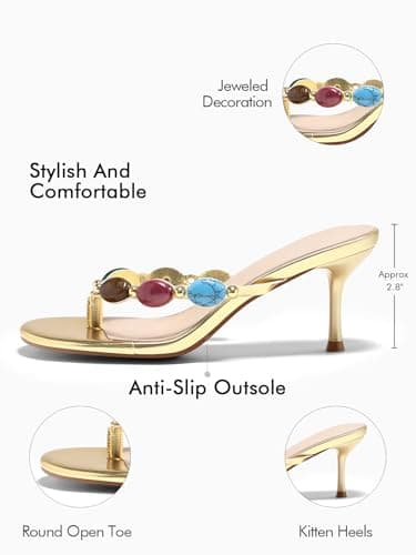 Coutgo Womens Gold Heeled Sandals Jeweled Kitten Heel Starppy Flip Flop Backless Open Toe Slides Boho Summer Vacation Beach Shoes thumbnail 7