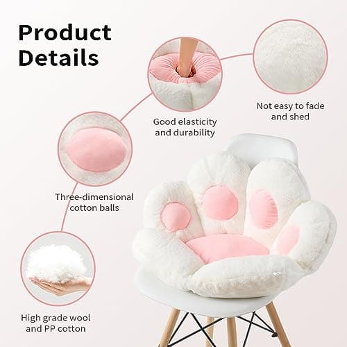 Ditucu Cat Paw Cushion Kawaii Chair Cushions 31.4 x 27.5 inch Cute Stuff Seat Pad Comfy Lazy Sofa Office Floor Pillow for Gaming Chairs Room Decor White - White a - Large thumbnail 5