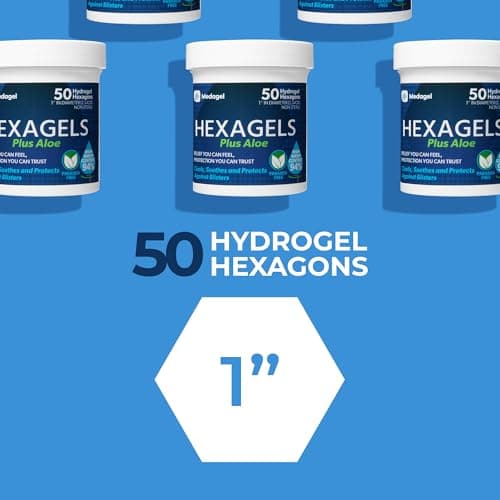 Hexagels Plus Aloe Vera - Advanced Healing Hydrogel Pads for Blister Prevention & Soothing Burn Care - Foot, Heel, Toe, & Ankle Protection, Pack of 50, 1-Inch Patches, by Medagel, Paraben Free Formula thumbnail 6