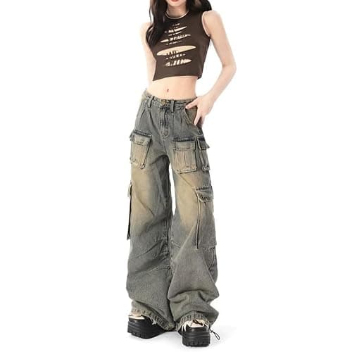 Hugboom Baggy Cargo Pants for Women Girls Wide Leg Jeans Y2k Hip Hop Streetwear Low Rise Oversized Jeans Grunge Clothes Blue thumbnail 4