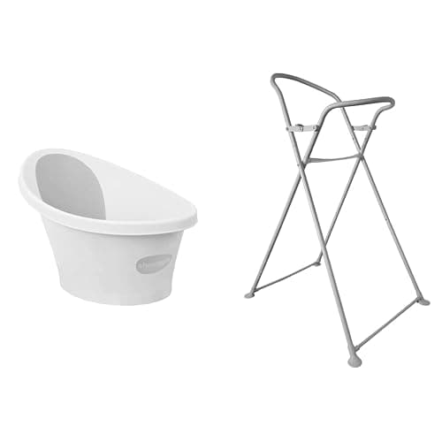 Shnuggle Newborn Baby Bath | Built in Support Bump and Soft Backrest | Suitable from Newborn | Bath Seat Support Includes Plug | White with Grey backrest & New Folding Bath Stand - Image 1