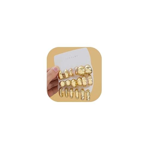 9 Pairs Chunky Gold Earrings Set for Women Trendy Lightweight Gold Plated Hoop Earrings Hypoallergenic Jewelry - Image 1