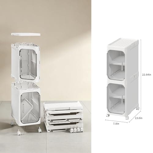 2-Tier Narrow Storage Cabinet Slim Bathroom Skinny Organizer with Wheels | Slim Storage Cabinet with Lockable Rolling Wheels Adjustable Detachable Shelves Snap Assembly for Small Spaces,Snow White thumbnail 2