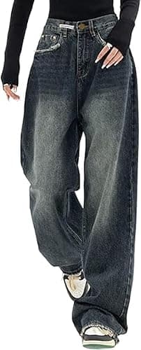 Jeans Donna Baggy y2k, Donna Larghi Jeans Vita Alta Jeans Donna Larghi Gamba Larga Hip Hop Jogger Oversize Hippie Harajuku Y2K Aesthetic Streetwear Baggy Denim Harajuku Gothic Pantaloni Cargo - XL - Blu - Image 1