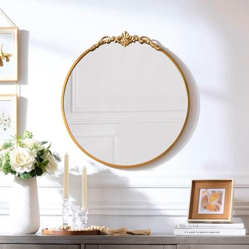 LOVNAHO Vintage Round Wall Mirror, 19 Inch Gold Frame, Baroque Arched Decorative Vanity Mirror for Bathroom, Bedroom, Hallway (Antique Gold, 19x18) thumbnail 4