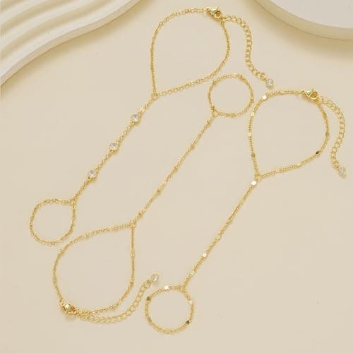 3PCS 14K Gold-Plated Hand Chain Bracelets for Women, Stack Bracelets Set Adjustable, Dainty Ring Bracelet Hand Chain thumbnail 9