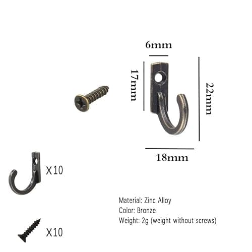10 Pieces Zinc Alloy Antique Wall Mounted Delicate Small Hooks With Screws for Home Hanging Keys, Towel, Hat, Coat, Kitchen Supplies etc (Bronze) thumbnail 2