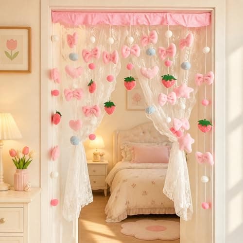 Kynthyre Cute Plush Curtain for Door Window Wall 33" W x 37" L Self-Adhesive Pink Strawberry Kawaii Curtain for Living Room and Bedroom Decor thumbnail 4