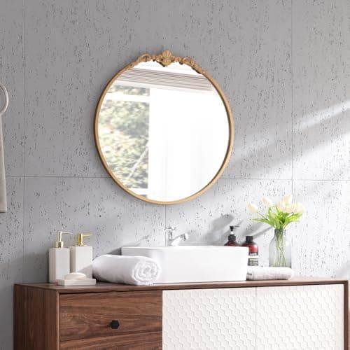 LOVNAHO Vintage Round Wall Mirror, 19 Inch Gold Frame, Baroque Arched Decorative Vanity Mirror for Bathroom, Bedroom, Hallway (Antique Gold, 19x18) thumbnail 7