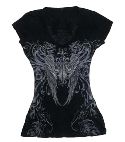 Womens Y2K Gothic Graphic V-Neck Slim Fit T-Shirt Grunge Vintage Short Sleeve Trendy Crop Tops - Image 1