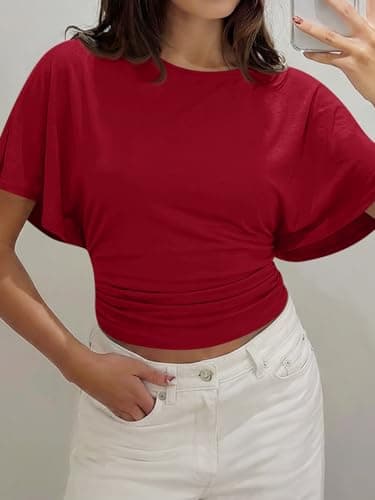 Cicy Bell Womens Summer Wrap Tops Casual Short Sleeve Tie Back Cinched Waist T Shirts Trendy Boat Neck Blouse Burgundy thumbnail 4
