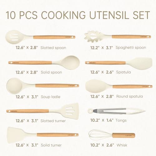 CAROTE Silicone Cooking Utensils Set, Kitchen Utensils Set 10 Pcs for cooking, BPA Free Spatula Set with Heat Resistant Wood Handles for Nonstick Cookware (Cream White) thumbnail 2