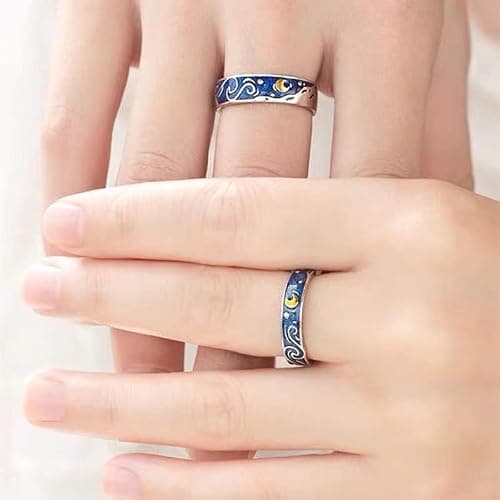 Lnnmomn 2pcs Vintage Style Van Gogh Starry Sky Couple Rings Starry Night Van Gogh Open rings for Women Vintage Silver Adjustable Gifts Jewelry thumbnail 5