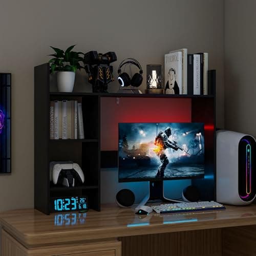 FTZxHKLX Desktop Bookshelf, Wood Desk Organizer Hutch with 3 Shelves for Computer Desk, 37.4'' Multipurpose Display Rack with Storage for College Dorm Office Home, Black - Image 1