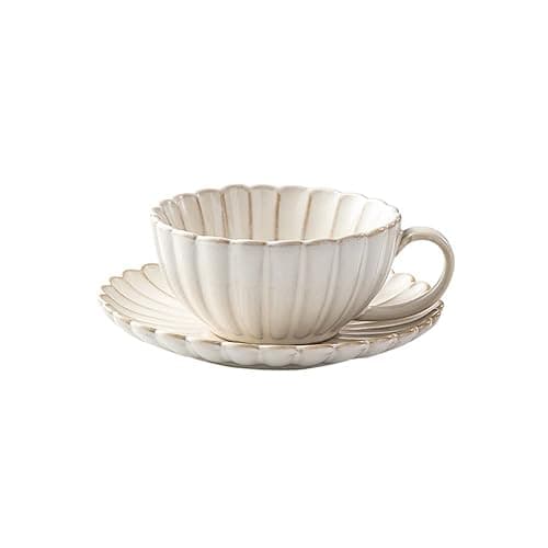 Colias Wing 9 Oz Petal Series Retro Design Ceramic Tea Cup Coffee Mug Travel Mug with Saucer-White - Image 1