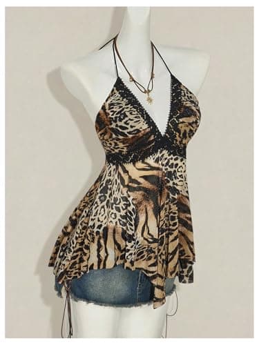 BEAUDRM Women's Leopard Halter Top Y2k Vintage Cheetah Flowy Tie Backless Asymmetrical Tops Party Club Going Out Outfits Multicolor Medium thumbnail 4